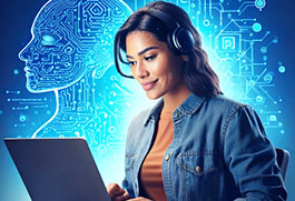 Joven asistente administrativa con conocimientos de computación, sonríe mostrando su informe de ventas sobre laptop