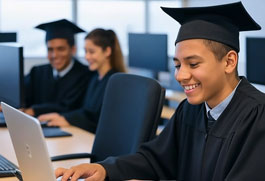 Estudiante de informática sonriendo y practicando en su computadora